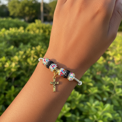 Black white cross bracelet worn on wrist