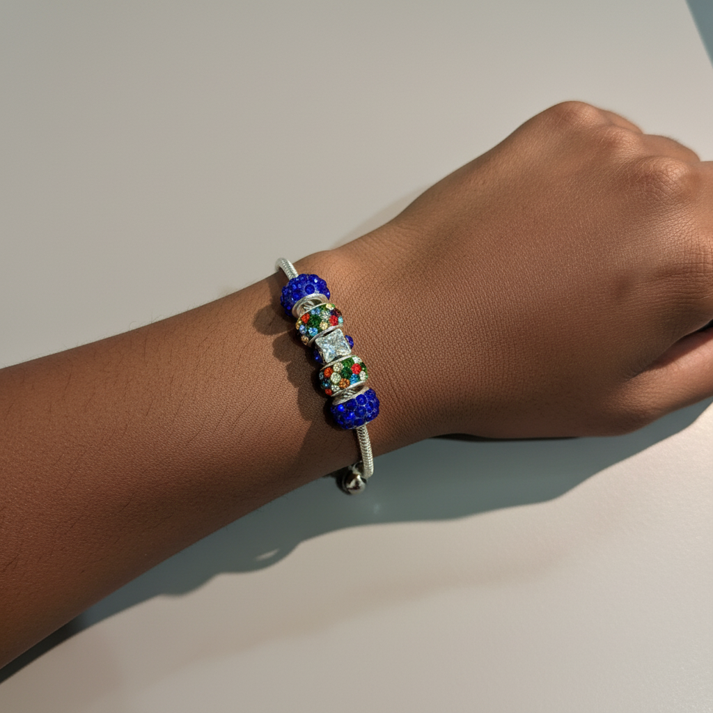 Blue multicolour bracelet on wrist
