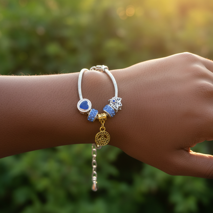 Blue peace coin bracelet - exact design on wrist