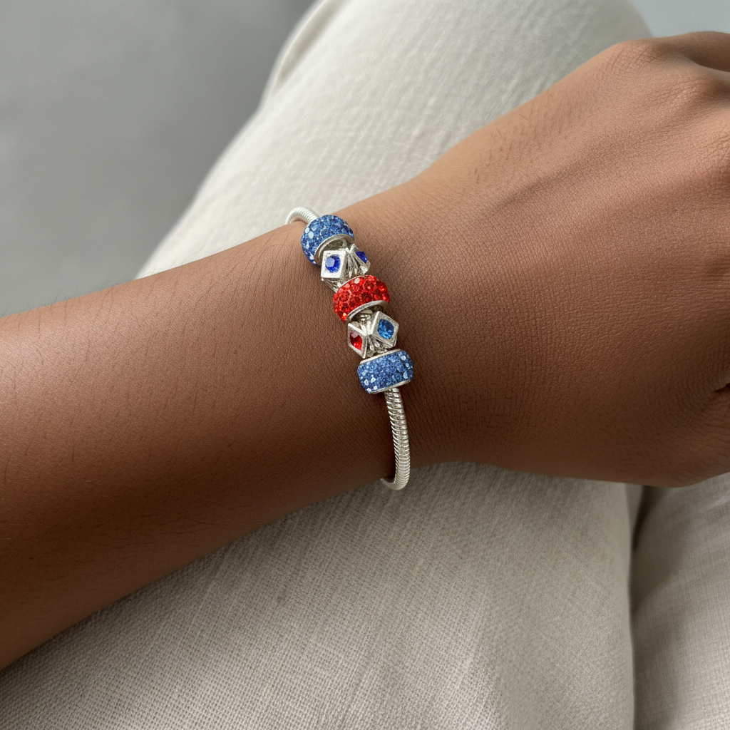 Blue red bracelet on wrist