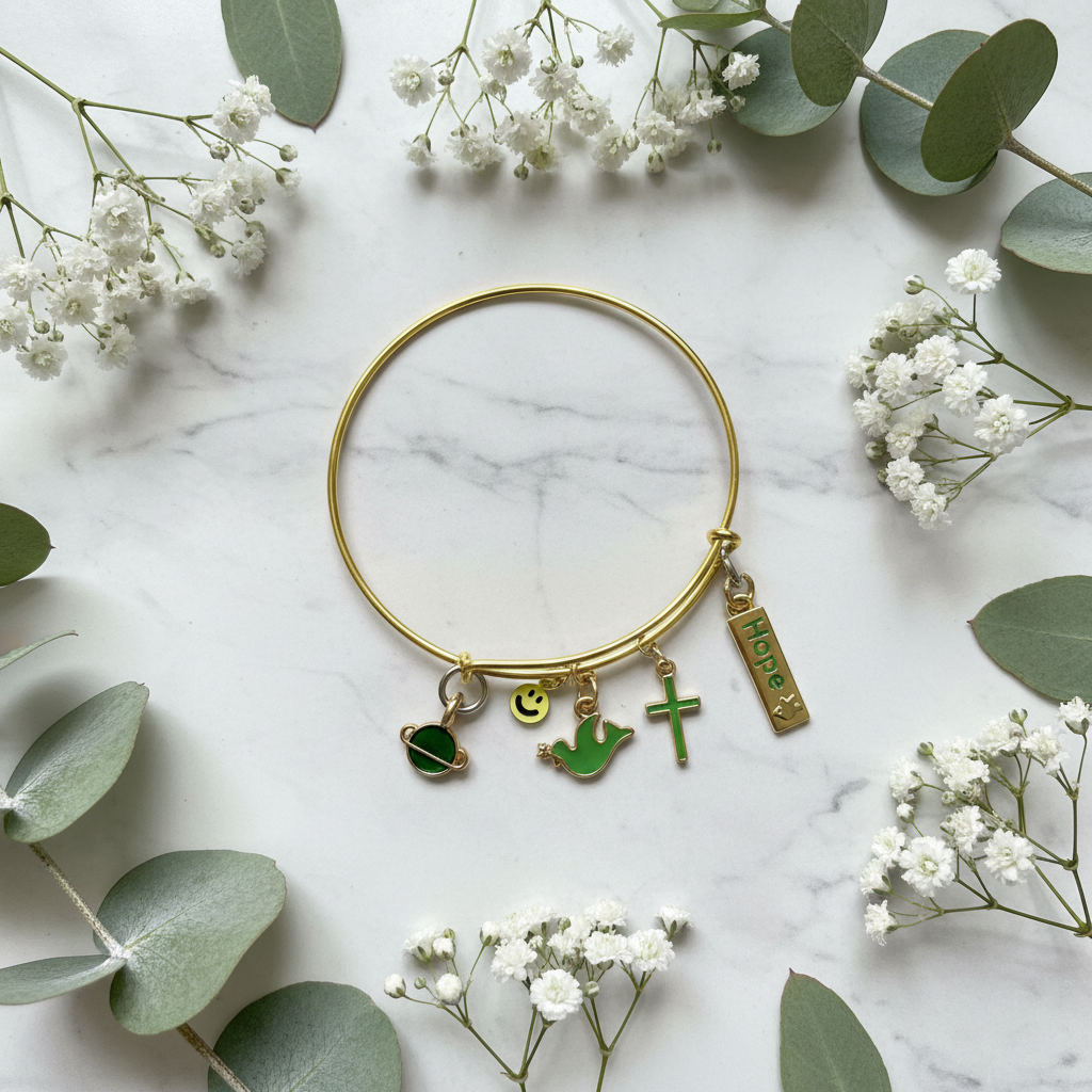 Bracelet on white marble with eucalyptus