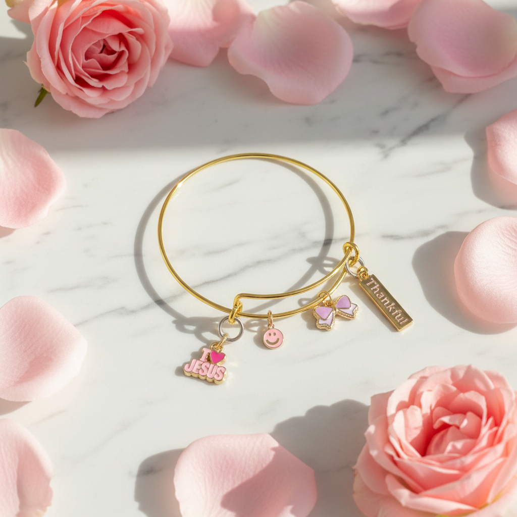 Bracelet on white marble with rose petals