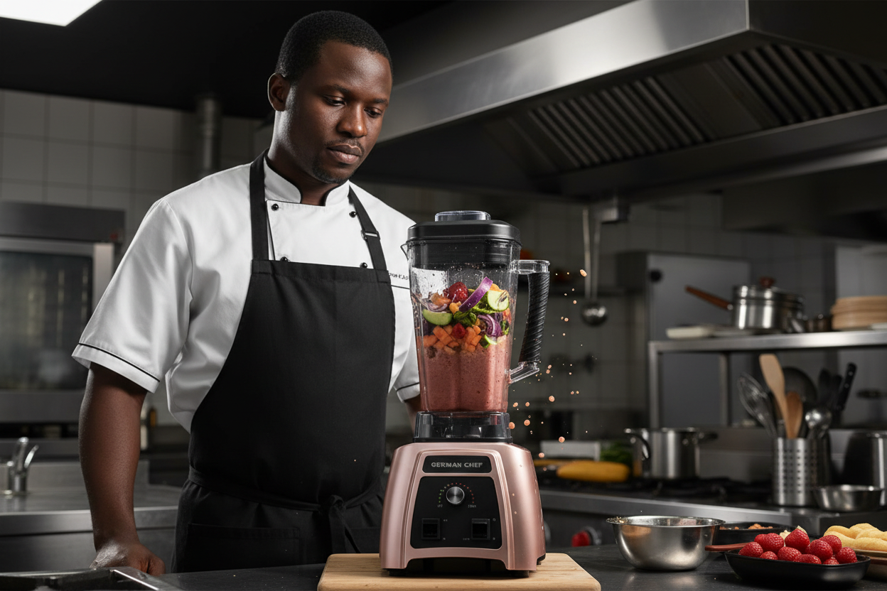 Chef using blender in restaurant