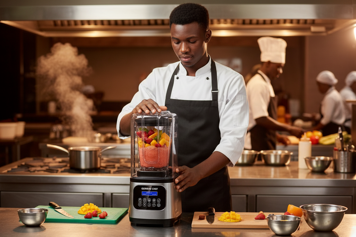 Chef using blender in restaurant