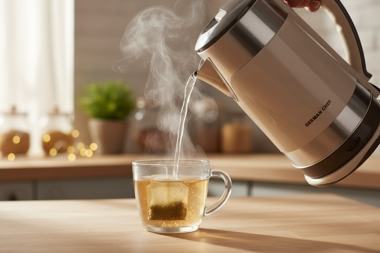 Close-up kettle pouring into teacup