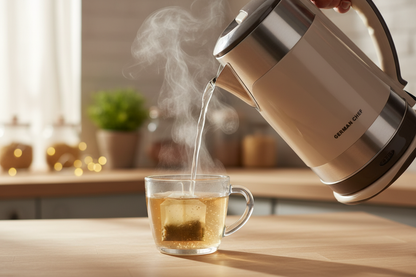Close-up kettle pouring into teacup
