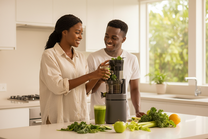Couple making green juice together