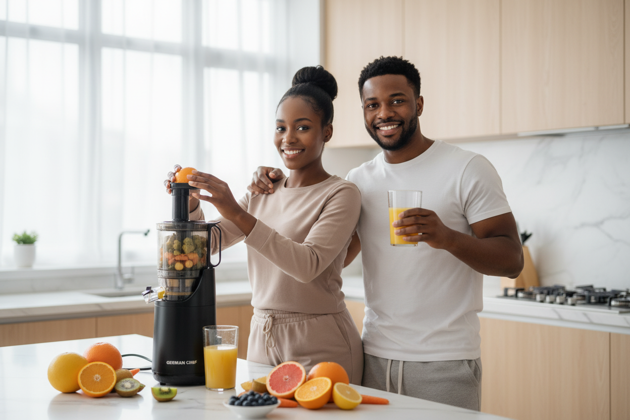 Couple making juice together