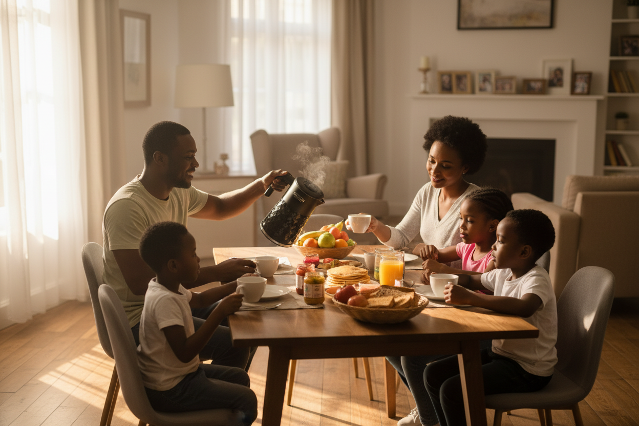 Family using kettle at breakfast