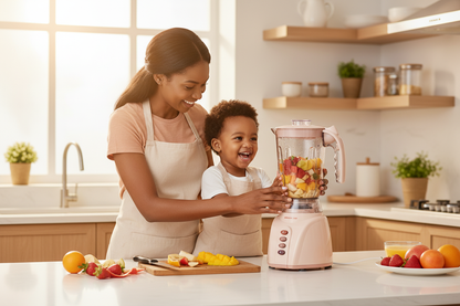 Family using pink blender
