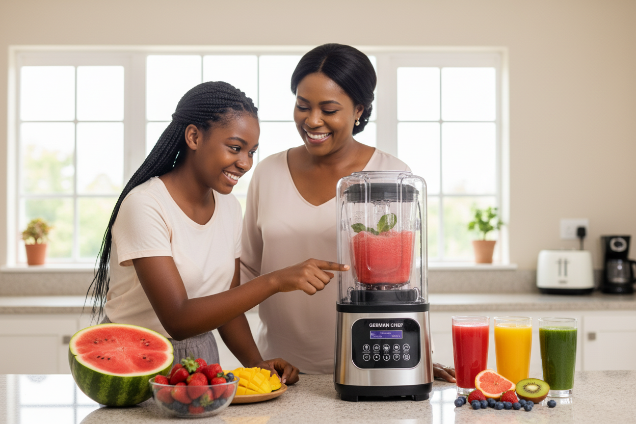 Family using touch screen blender