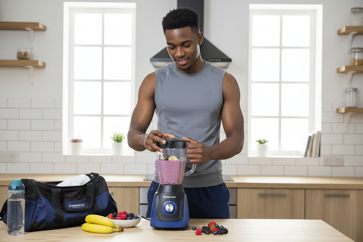 Fit man making post-workout smoothie
