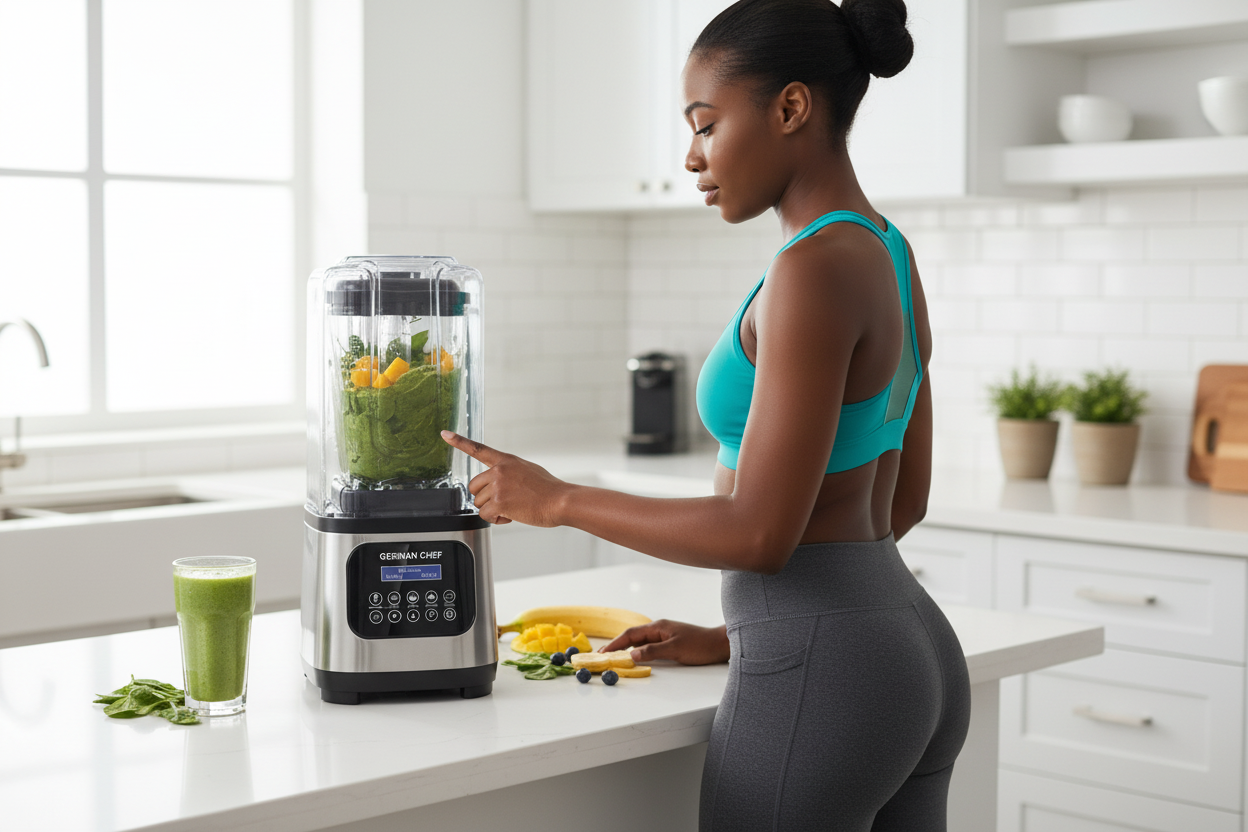 Fit woman making green smoothie