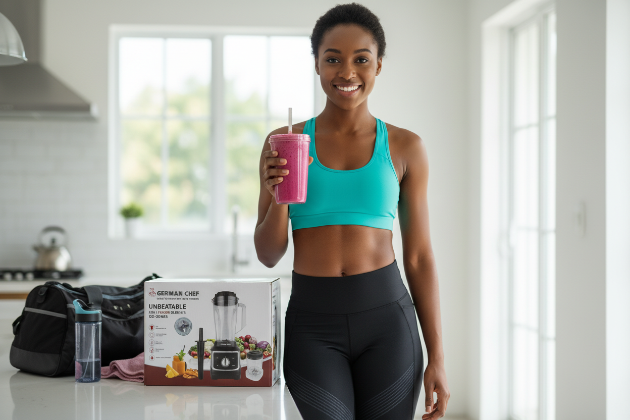 Fitness woman with blender cup