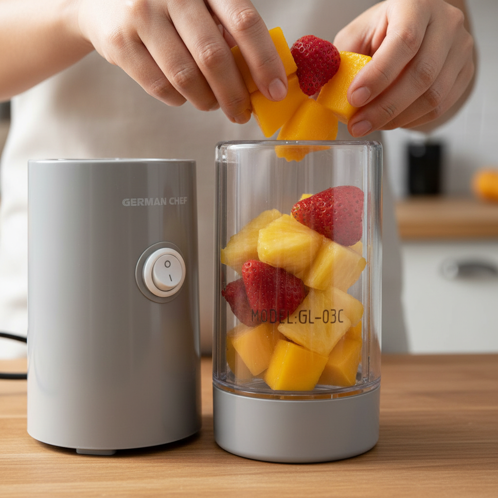 Fresh fruits being loaded into blender