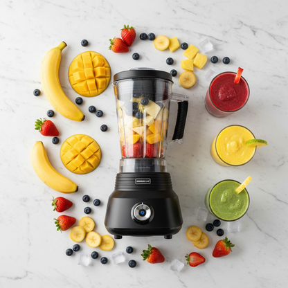 GC-12B flat lay with colorful smoothies
