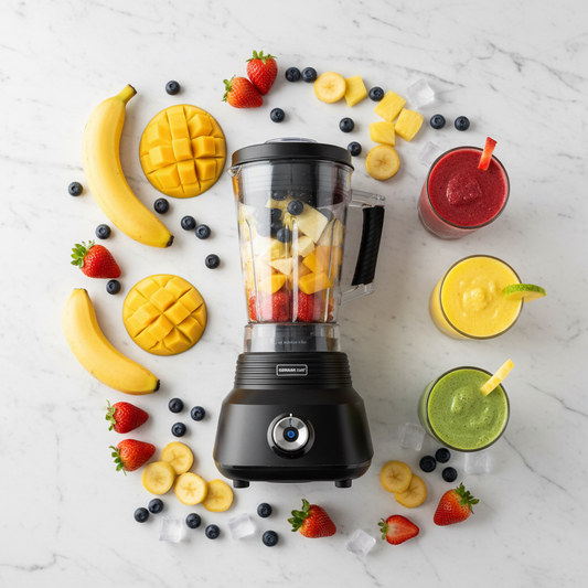 GC-12B flat lay with colorful smoothies