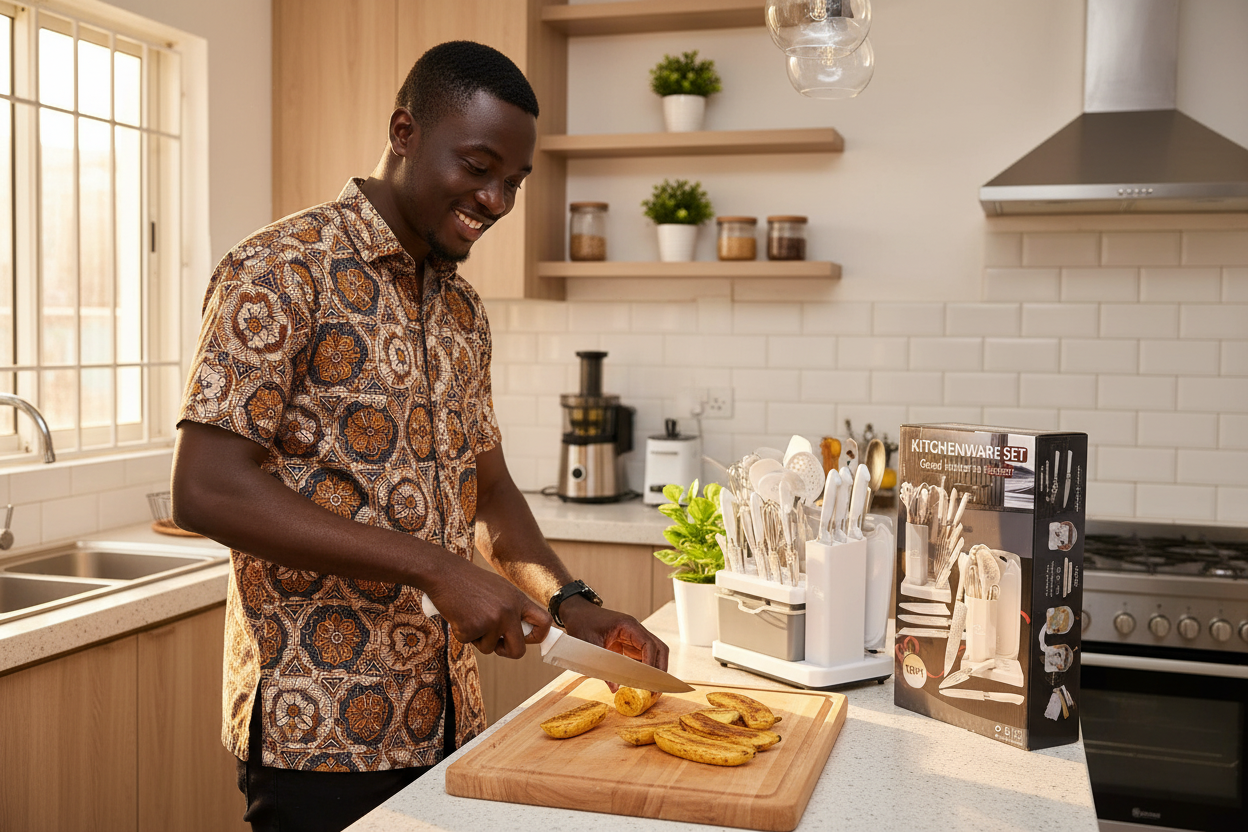 Ghanaian man slicing plantains
