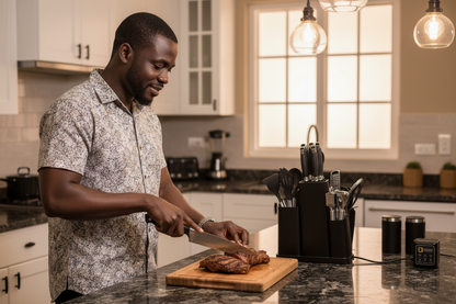 Ghanaian Man Using Black Chef Knife