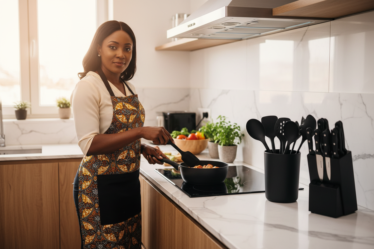 Ghanaian Woman Using Black Kitchen Set