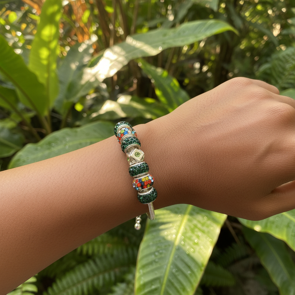 Green multicolour bracelet on wrist