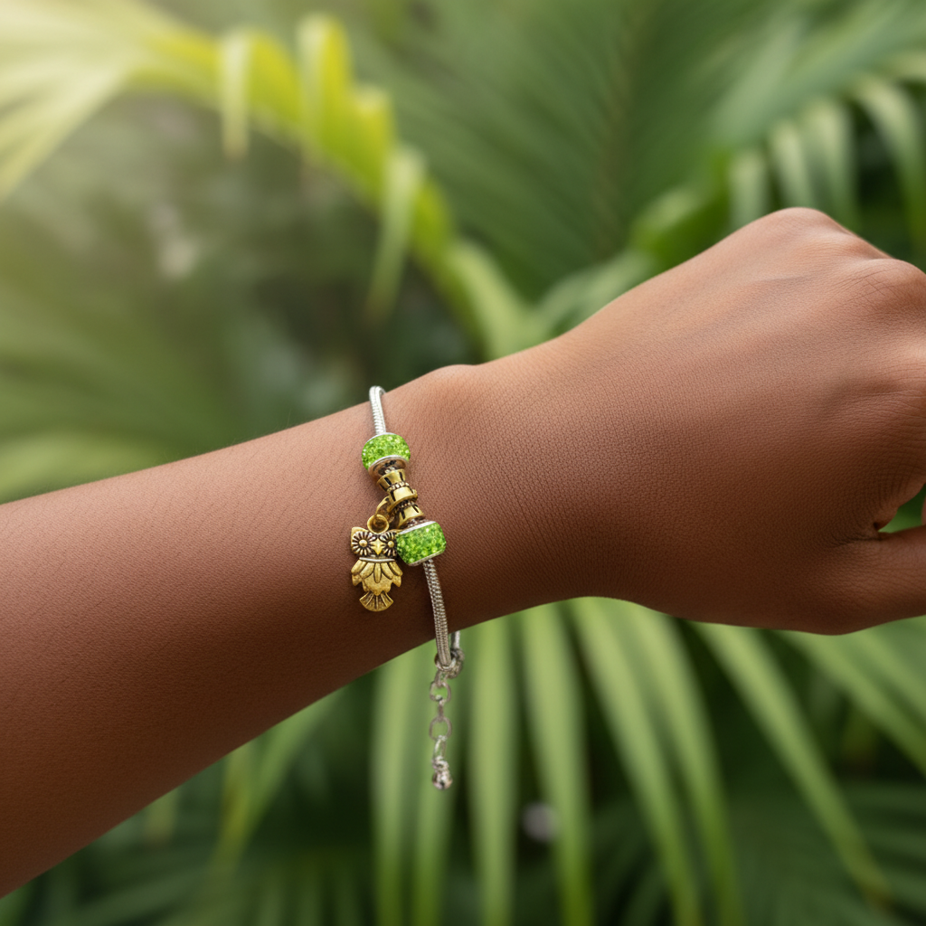 Green owl bracelet on wrist