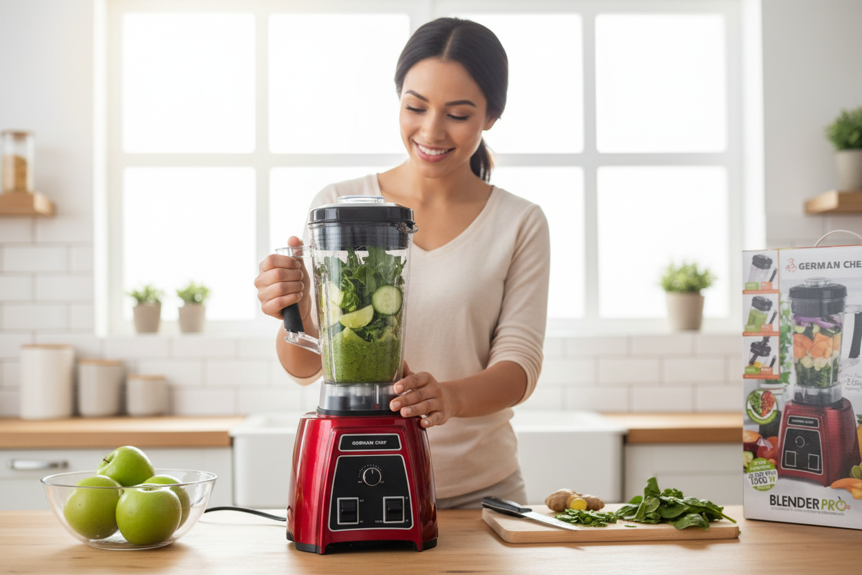 Woman blending vegetables with German Chef Blender Pro