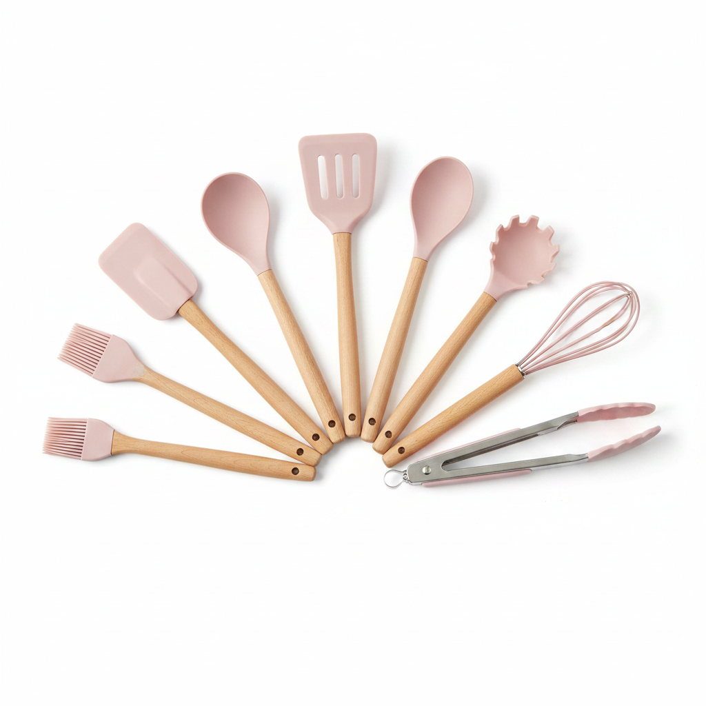 Pink silicone kitchen utensils set flat lay