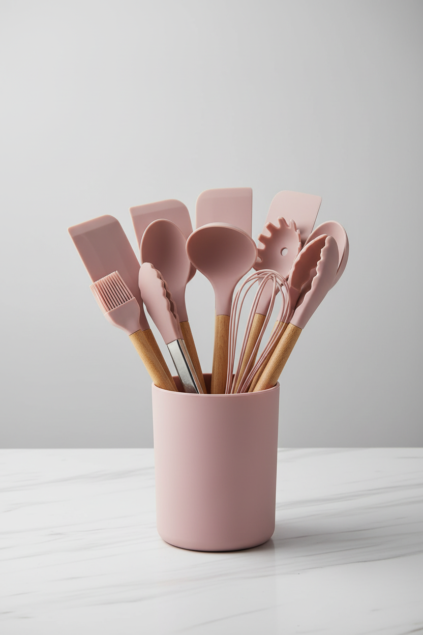 Pink silicone kitchen utensils set with wooden handles in bucket