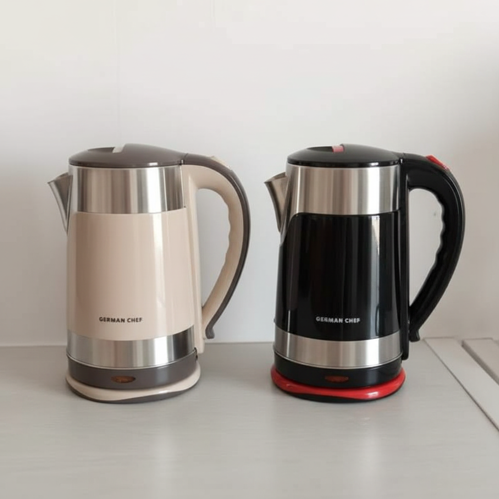German Chef cream white and black kettles side by side on kitchen counter