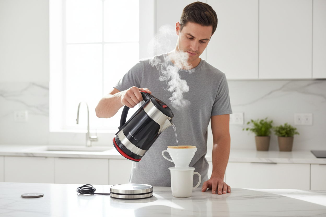 Man using black German Chef electric kettle to make coffee