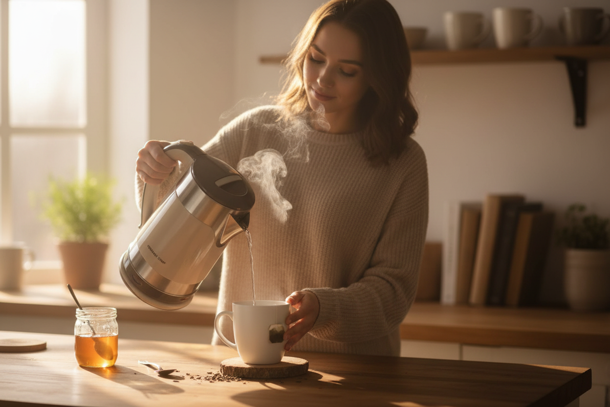 Woman pouring hot water from German Chef cream white kettle