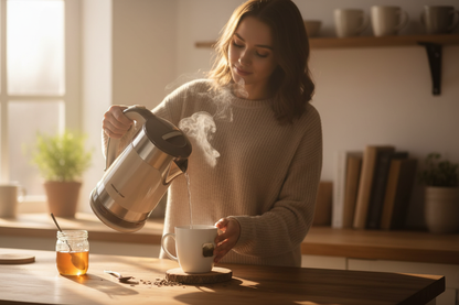 Woman pouring hot water from German Chef cream white kettle