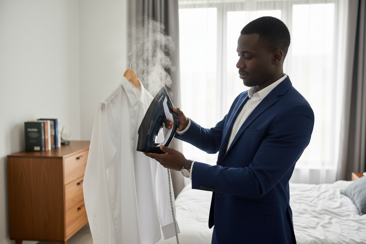 Man vertical steaming a shirt