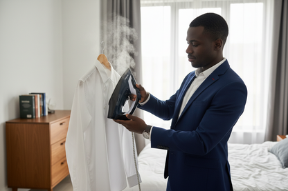 Man vertical steaming a shirt