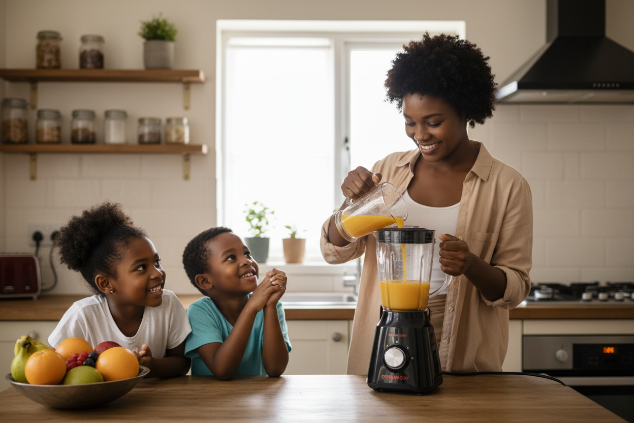 Mother making juice for children
