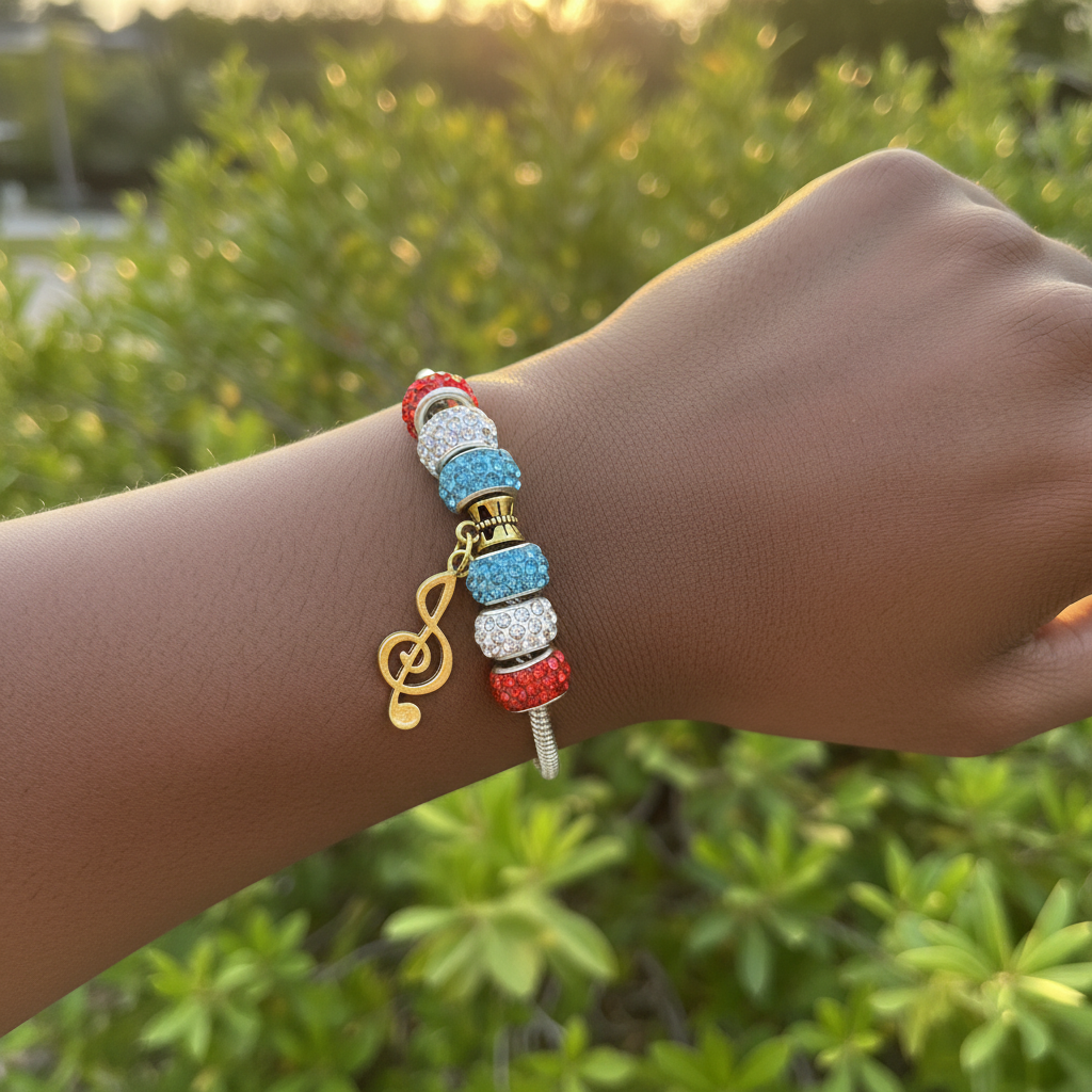 Music note bracelet on wrist