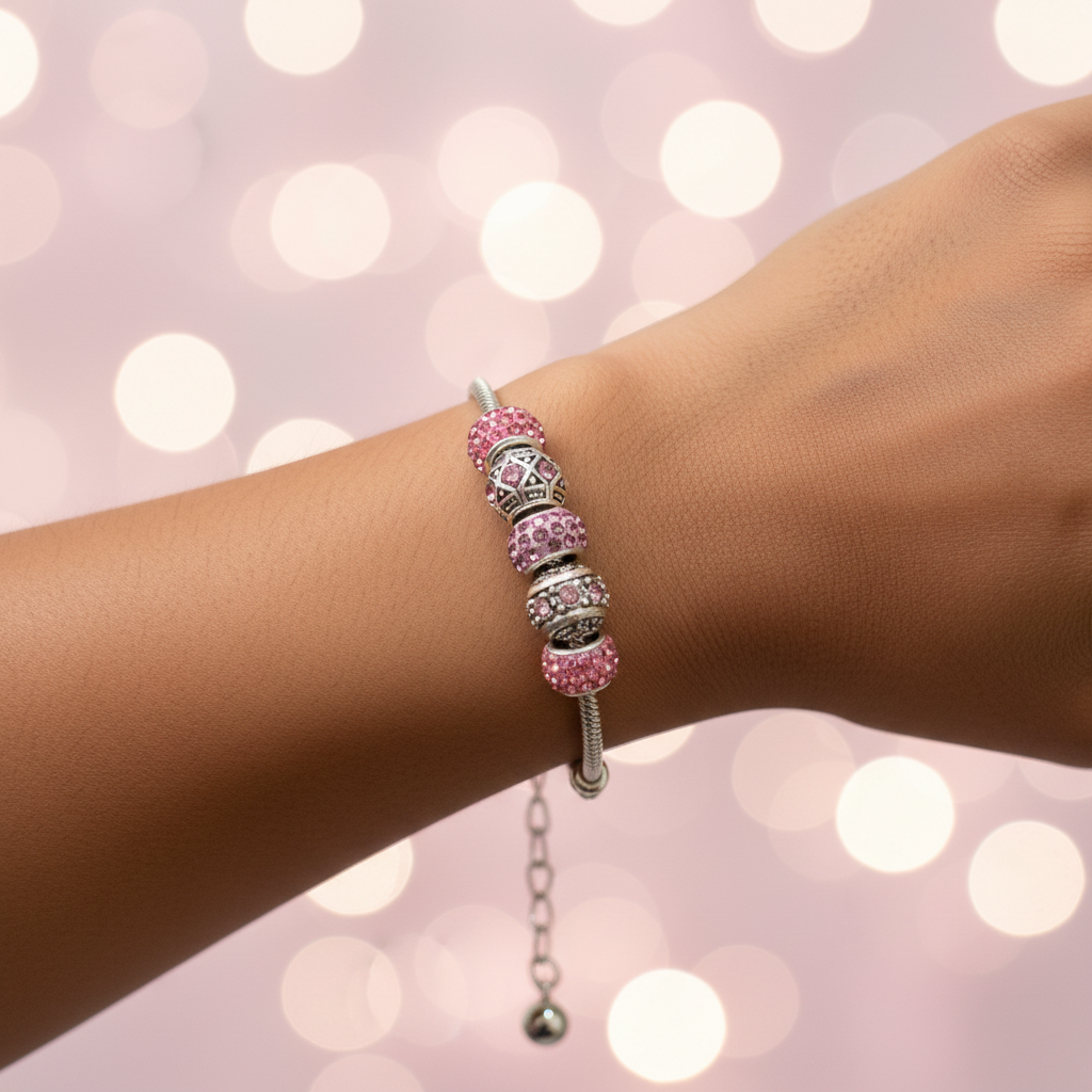 Pink rhinestone bracelet on wrist