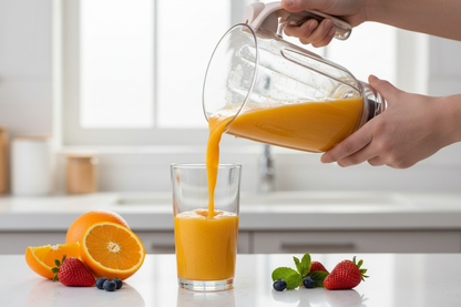 Pouring smoothie from pink blender