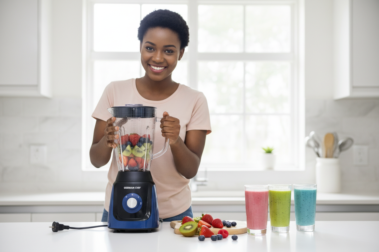 Woman blending colorful smoothies