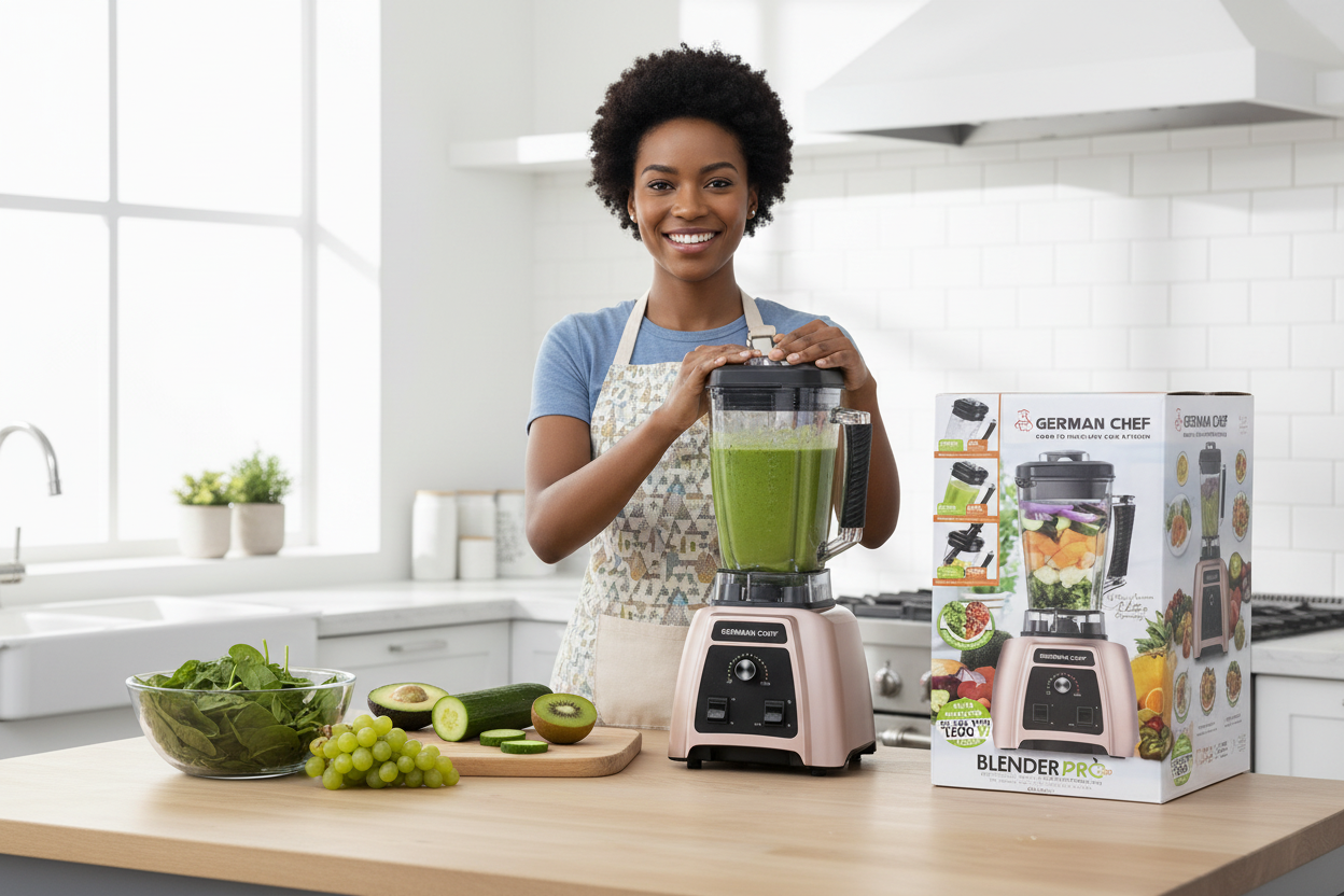 Woman blending green smoothie
