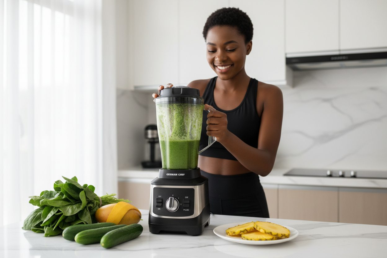Woman blending green smoothie