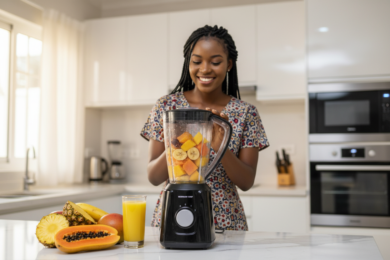 Woman blending tropical fruits