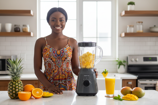 Woman blending tropical juice