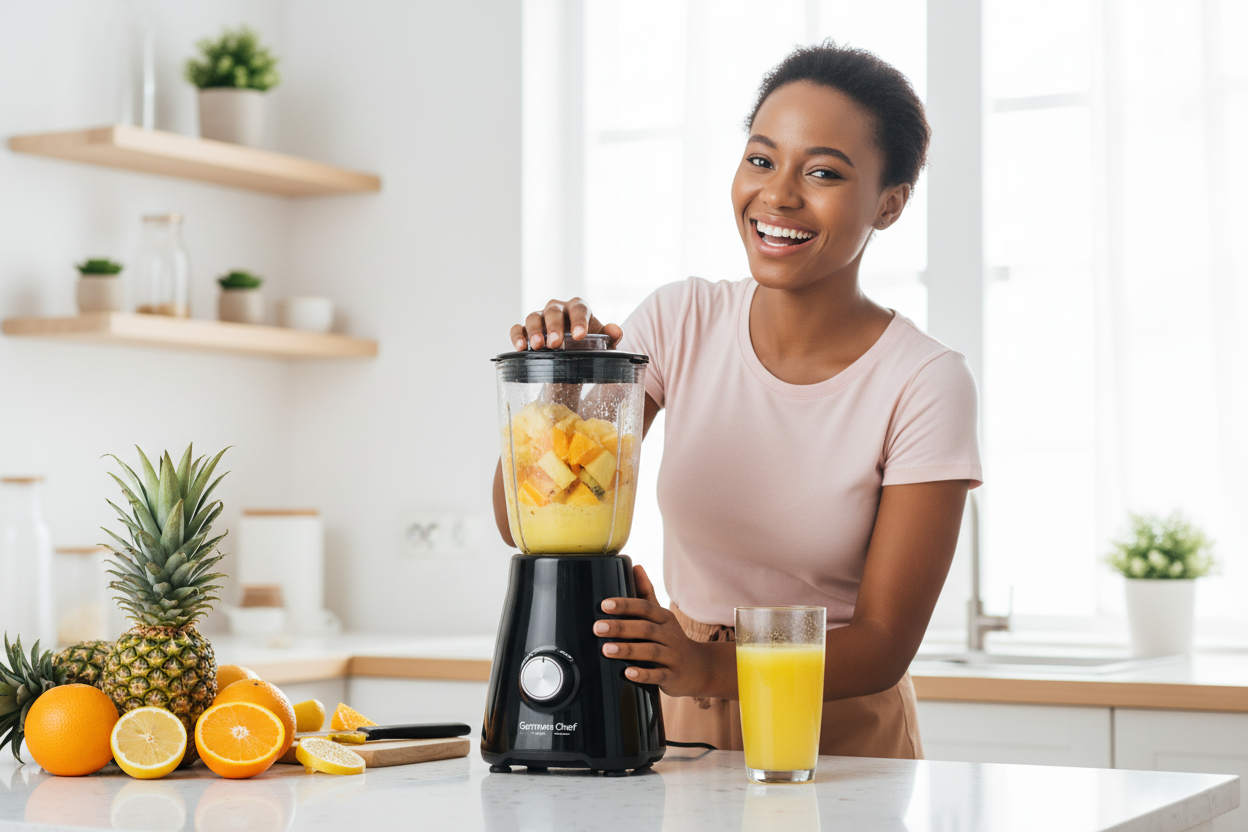 Woman blending tropical juice