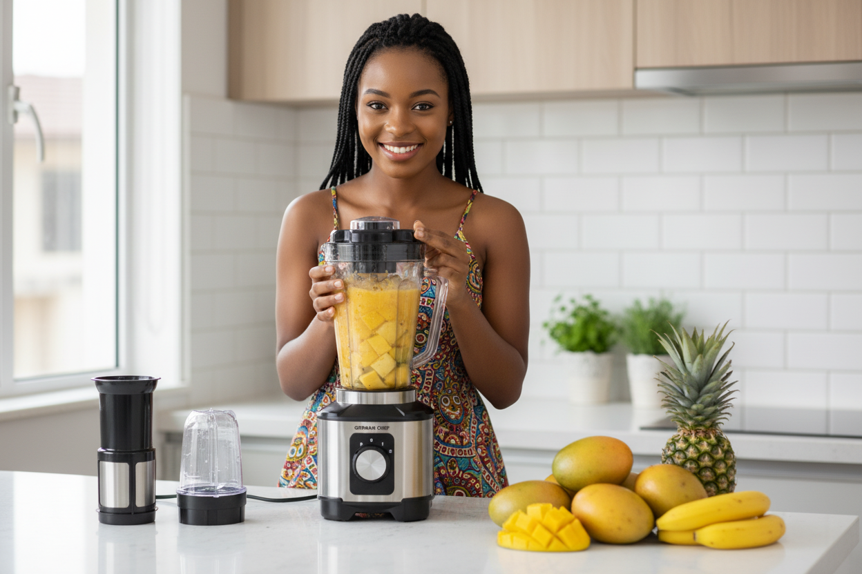 Woman blending tropical smoothie