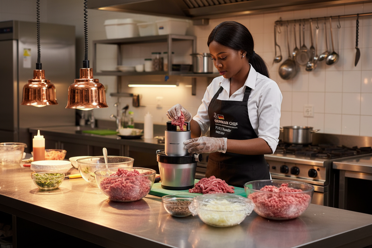 Woman grinding meat for catering