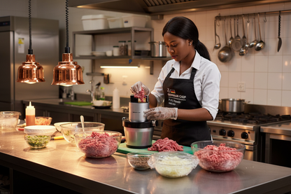 Woman grinding meat for catering