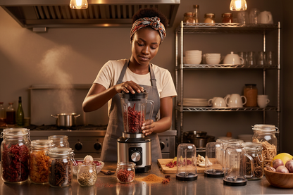 Woman grinding spices for business