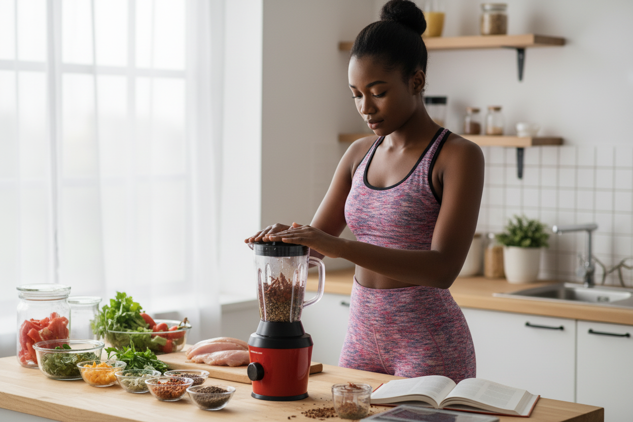Woman grinding spices with grinder cup